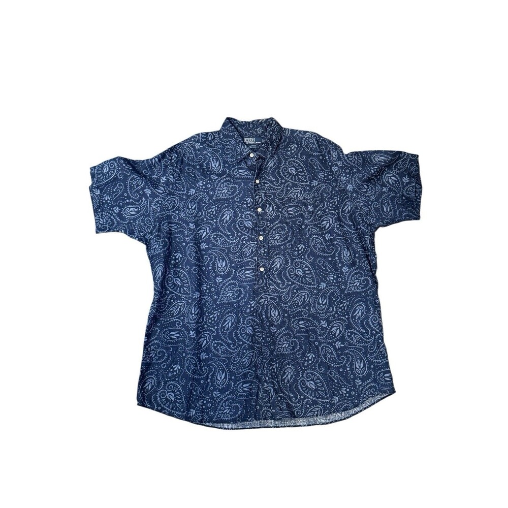 Polo Ralph Lauren Shirt Mens XL 100% Linen Paisley Cambridge Blue Half Button